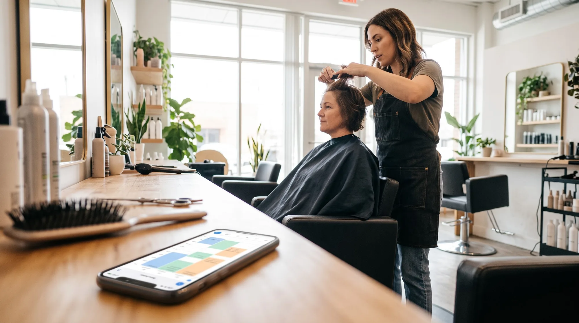 A stylist finishes a client's haircut in a bright salon while a phone with a booking page sits in the foreground.